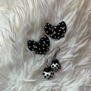 B&W POLKA DOT VINTAGE EARRINGS BUNDLE BLACK AND WHITE BOWS DANGLE SET